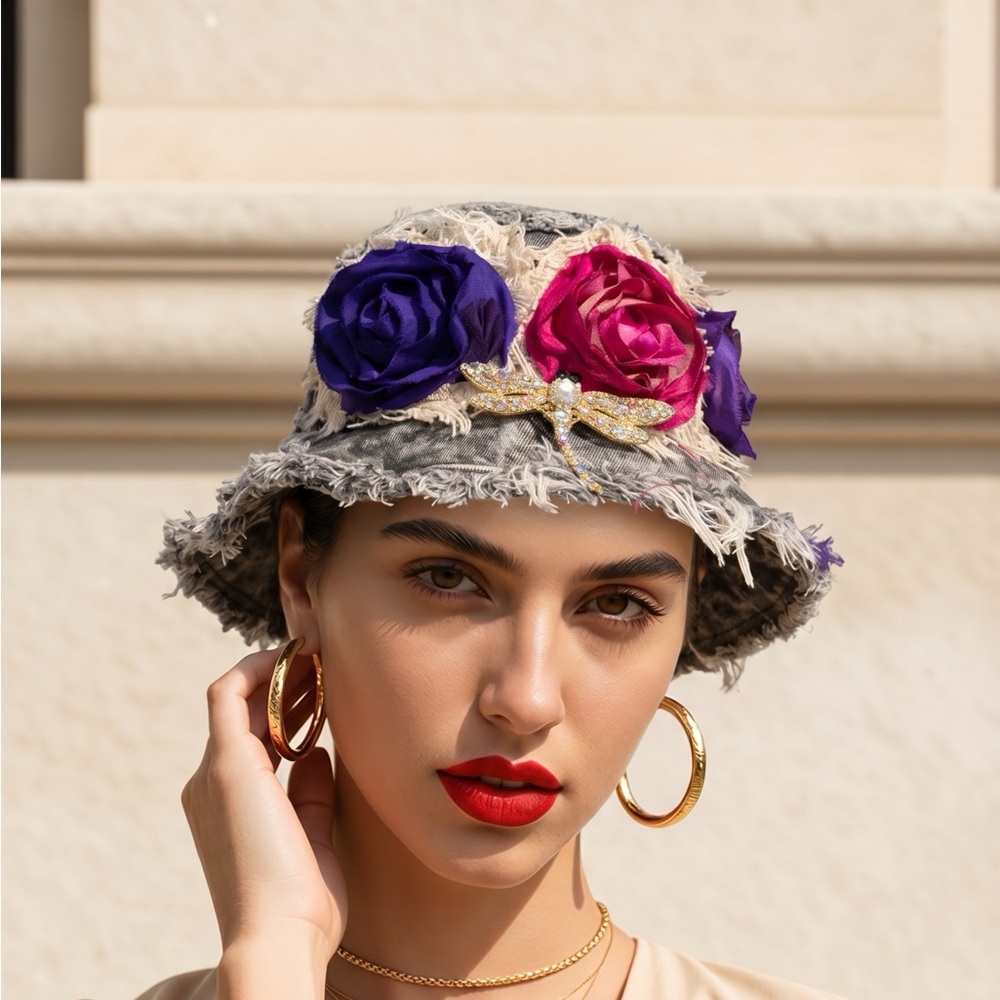 Blueberry Kate Floral Embellished distressed Bucket Hat Pink/Purple embellished